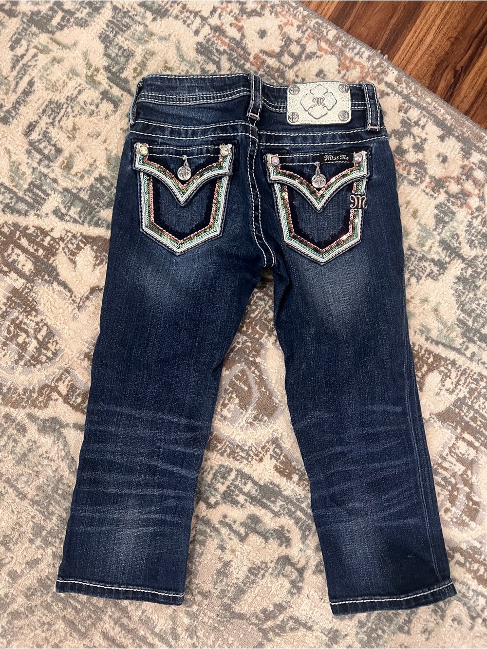 Miss Me Dark Blue Jean Capri with Multicolor Pocket Embellishments